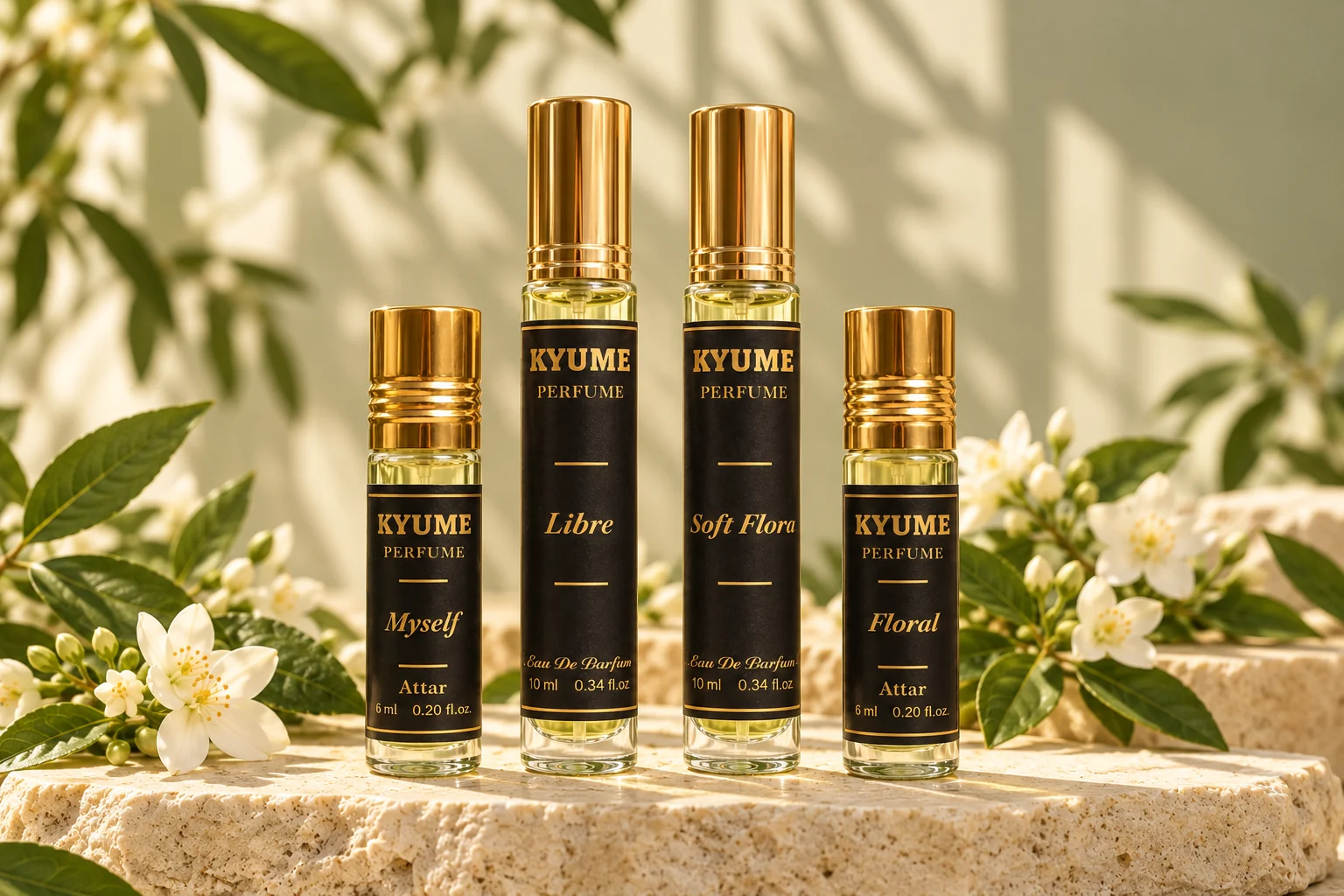 The Kyume collection: Libre and Soft Flora perfumes with Myself and Floral attars, styled with botanicals