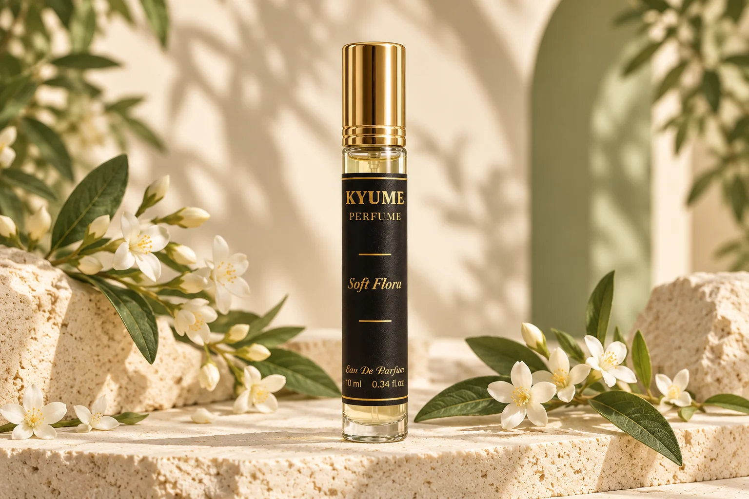 Full view of the Kyume Soft Flora perfume bottle framed by white blossoms